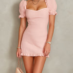 ElevenOra Chic Elegant Pink Cotton Blend Square-Neck Short-Puff-Sleeve Ruffle Detail Slim-Fit Rib Mini Dress