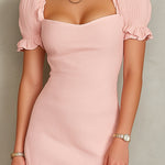 ElevenOra Chic Elegant Pink Cotton Blend Square-Neck Short-Puff-Sleeve Ruffle Detail Slim-Fit Rib Mini Dress