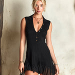 ElevenOra Chic Elegant Black Button-Up Lapel Collar Sleeveless Chiffon Ruffled Hem Slim-Fit Ribbed-Knit Mini Dress