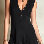 ElevenOra Chic Elegant Black Button-Up Lapel Collar Sleeveless Chiffon Ruffled Hem Slim-Fit Ribbed-Knit Mini Dress