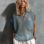 ElevenOra Chic Casual Misty Blue Lapel Collar Button-Up Patch Pockets Loose-Fit Mesh Knit Vest Top