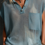 ElevenOra Chic Casual Misty Blue Lapel Collar Button-Up Patch Pockets Loose-Fit Mesh Knit Vest Top