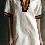 ElevenOra Chic Casual White Lapel Collar V-Neck Contrast Trim Short-Sleeve Loose-Fit Cotton-Linen Blend Mini Dress