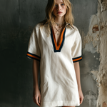 ElevenOra Chic Casual White Lapel Collar V-Neck Contrast Trim Short-Sleeve Loose-Fit Cotton-Linen Blend Mini Dress