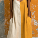 ElevenOra Chic Elegant White-Mustard Yellow Colorblock Spaghetti-Strap Sweetheart Neck Sleeveless Loose-Fit Cotton-Linen Blend Midi Dress