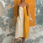 ElevenOra Chic Elegant White-Mustard Yellow Colorblock Spaghetti-Strap Sweetheart Neck Sleeveless Loose-Fit Cotton-Linen Blend Midi Dress