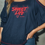 ElevenOra Chic Casual Navy Blue Round-Neck Letter Print Cold Shoulder Contrast Stitching Dolman Sleeve Oversize Slub Cotton Fabric T-Shirt Top
