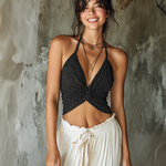 ElevenOra Chic Casual Black Pinstripe Halter V-Neck Front Twist  Sleeveless Slim Fit Cotton Blend Camisole