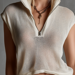 ElevenOra Chic Casual Cream Stand Collar Zipper-Front Cap Sleeve Loose-Fit Mesh Knit Sweater Top