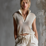 ElevenOra Chic Casual Cream Stand Collar Zipper-Front Cap Sleeve Loose-Fit Mesh Knit Sweater Top