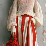ElevenOra Chic Elegant Off-White Spaghetti-Strap Cold-Shoulder Balloon Sleeves Loose-Fit Knit Sweater White-Red Stripes Cotton Blend A-Line Midi Skirt Two-Piece Set