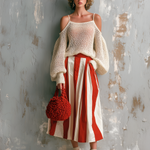ElevenOra Chic Elegant Off-White Spaghetti-Strap Cold-Shoulder Balloon Sleeves Loose-Fit Knit Sweater White-Red Stripes Cotton Blend A-Line Midi Skirt Two-Piece Set