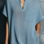 ElevenOra Chic Elegant Dusty Blue Stand Collar V-Neck Batwing Sleeve Patch Pocket  Fringed Hem Loose-Fit Knit Mini Dress