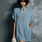 ElevenOra Chic Elegant Dusty Blue Stand Collar V-Neck Batwing Sleeve Patch Pocket  Fringed Hem Loose-Fit Knit Mini Dress