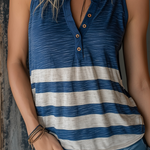 ElevenOra Chic Casual Blue-White Striped Henley Neck Button-Up Sleeveless Loose-Fit Slub Cotton Fabric Tank Top
