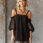 ElevenOra Chic Elegant Black Mesh Spaghetti-Strap Off-The-Shoulder Short-Sleeve A-Line Loose-Fit Mini Dress