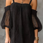 ElevenOra Chic Elegant Black Mesh Spaghetti-Strap Off-The-Shoulder Short-Sleeve A-Line Loose-Fit Mini Dress