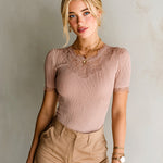 ElevenOra Chic Elegant Pink Pleated Cotton Blend Round-Neck Short-Sleeve Lace Patchwork Detail Slim-Fit T-Shirt