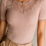 ElevenOra Chic Elegant Pink Pleated Cotton Blend Round-Neck Short-Sleeve Lace Patchwork Detail Slim-Fit T-Shirt