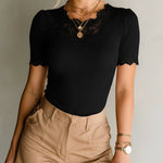 ElevenOra Chic Elegant Pink Pleated Cotton Blend Round-Neck Short-Sleeve Lace Patchwork Detail Slim-Fit T-Shirt