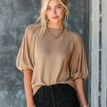 ElevenOra Chic Elegant Camel Round-Neck Short-Lantern-Sleeve Hollow-Out Detail Loose-Fit Knit Sweater Top