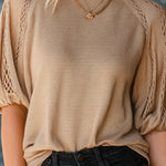 ElevenOra Chic Elegant Camel Round-Neck Short-Lantern-Sleeve Hollow-Out Detail Loose-Fit Knit Sweater Top