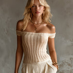 ElevenOra Chic Elegant Cream White Off-The-Shoulder Sleeveless Slim-Fit Hollow Knit Vest Top