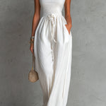 ElevenOra Chic Elegant White Cotton Blend Square-Neck Sleeveless Shirring Detail Drawstring-Waist Wide-Leg Jumpsuit