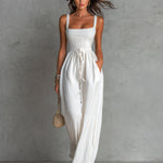 ElevenOra Chic Elegant White Cotton Blend Square-Neck Sleeveless Shirring Detail Drawstring-Waist Wide-Leg Jumpsuit
