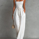 ElevenOra Chic Elegant White Cotton Blend Square-Neck Sleeveless Shirring Detail Drawstring-Waist Wide-Leg Jumpsuit