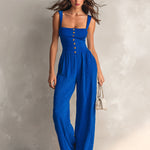 ElevenOra Chic Elegant Royal Blue Pleated Cotton Blend Square-Neck Sleeveless Button-Front Detail Tailored-Waist Wide-Leg Jumpsuit