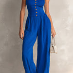 ElevenOra Chic Elegant Royal Blue Pleated Cotton Blend Square-Neck Sleeveless Button-Front Detail Tailored-Waist Wide-Leg Jumpsuit