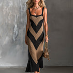 ElevenOra Chic Elegant Black-Camel Geometrical Colorblock Spaghetti Straps Square-Neck Sleeveless Slim-Waist Knit Maxi Dress