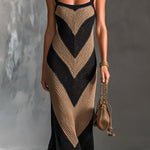 ElevenOra Chic Elegant Black-Camel Geometrical Colorblock Spaghetti Straps Square-Neck Sleeveless Slim-Waist Knit Maxi Dress