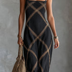 ElevenOra Chic Elegant Black-Camel Geometrical Printed Spaghetti Straps Square-Neck Sleeveless A-Line Maxi Dress