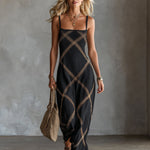 ElevenOra Chic Elegant Black-Camel Geometrical Printed Spaghetti Straps Square-Neck Sleeveless A-Line Maxi Dress