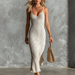 ElevenOra Chic Elegant Cream White Geometrical Jacquard Spaghetti Straps V-Neck Sleeveless Slim-Fit Knit Maxi Dress