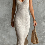 ElevenOra Chic Elegant Cream White Geometrical Jacquard Spaghetti Straps V-Neck Sleeveless Slim-Fit Knit Maxi Dress