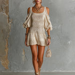 ElevenOra Chic Elegant Beige Patchwork Square-Neck Short-Sleeve Cold-Shoulder Loose-Fit A-Line Knit Mini Dress