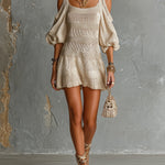 ElevenOra Chic Elegant Beige Patchwork Square-Neck Short-Sleeve Cold-Shoulder Loose-Fit A-Line Knit Mini Dress
