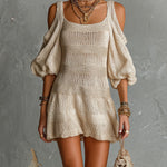 ElevenOra Chic Elegant Beige Patchwork Square-Neck Short-Sleeve Cold-Shoulder Loose-Fit A-Line Knit Mini Dress