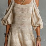 ElevenOra Chic Elegant Beige Patchwork Square-Neck Short-Sleeve Cold-Shoulder Loose-Fit A-Line Knit Mini Dress
