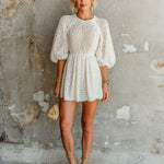 ElevenOra Chic Elegant Cream White Round-Neck Short-Lantern-Sleeve Loose-Fit A-Line Knit Mini Dress