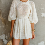 ElevenOra Chic Elegant Cream White Round-Neck Short-Lantern-Sleeve Loose-Fit A-Line Knit Mini Dress