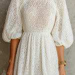 ElevenOra Chic Elegant Cream White Round-Neck Short-Lantern-Sleeve Loose-Fit A-Line Knit Mini Dress