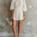 ElevenOra Chic Elegant Cream White Round-Neck Short-Lantern-Sleeve Loose-Fit A-Line Knit Mini Dress