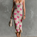 ElevenOra Chic Elegant Beige-Hot Pink Hearts Jacquard Spaghetti Straps Square-Neck Sleeveless Slim-Fit Knit Midi Dress