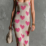 ElevenOra Chic Elegant Beige-Hot Pink Hearts Jacquard Spaghetti Straps Square-Neck Sleeveless Slim-Fit Knit Midi Dress