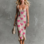ElevenOra Chic Elegant Beige-Hot Pink Hearts Jacquard Spaghetti Straps Square-Neck Sleeveless Slim-Fit Knit Midi Dress