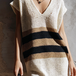 ElevenOra Chic Elegant Off-White Colorblock V-Neck Drop Shoulder Sleeveless Loose-Fit Knit Mini Dress